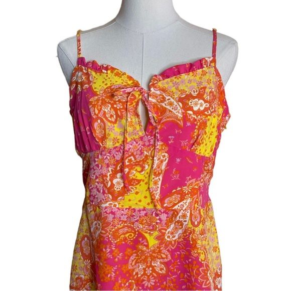 Derek Heart Paisley Floral Mini Dress Junior's XL Yellow Pink Smocked Back NEW - Picture 4 of 11